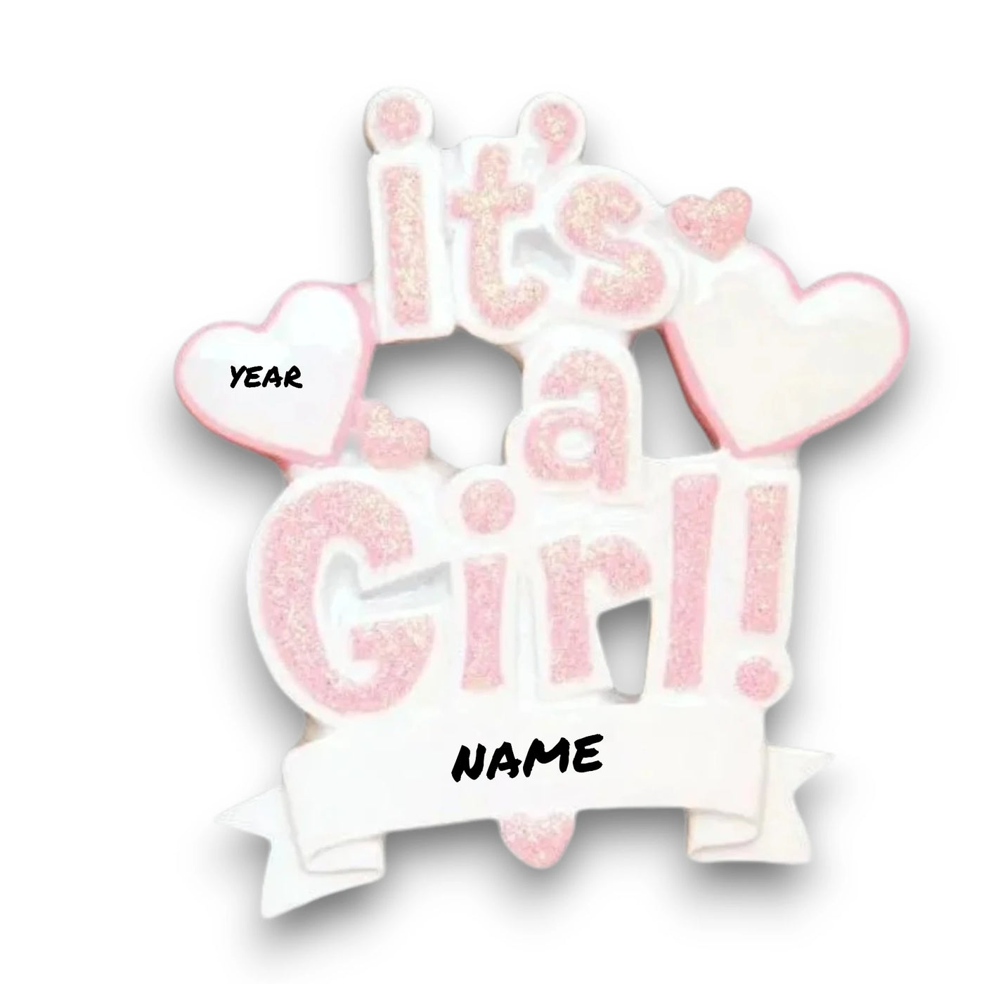 Personalized It’s a Girl Pink Christmas Ornament with customizable name and year, featuring glittery text and heart accents.