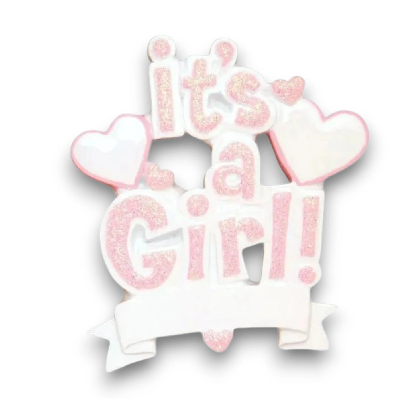 Personalized It’s a Girl Pink Christmas Ornament with customizable name and year, featuring glittery text and heart accents.