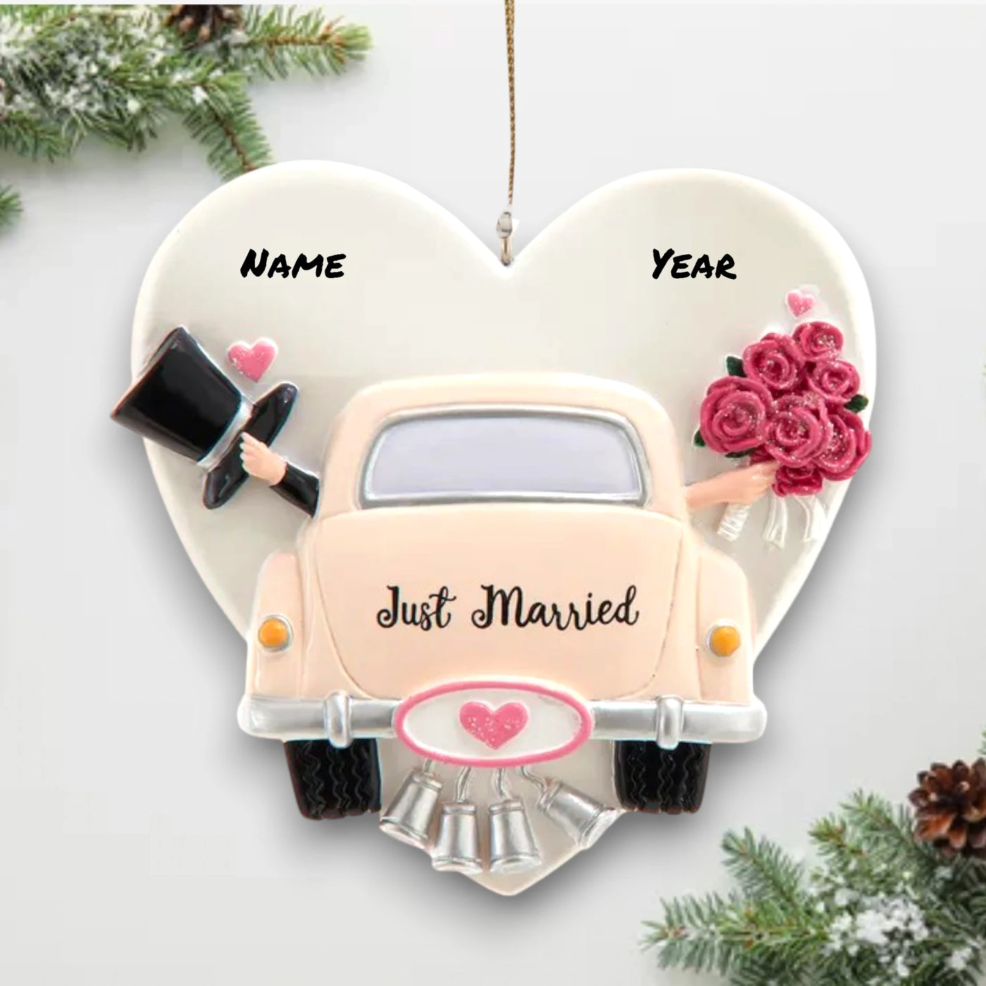 Personalized Just Married wedding car ornament with customizable names and year on a heart-shaped backdrop.