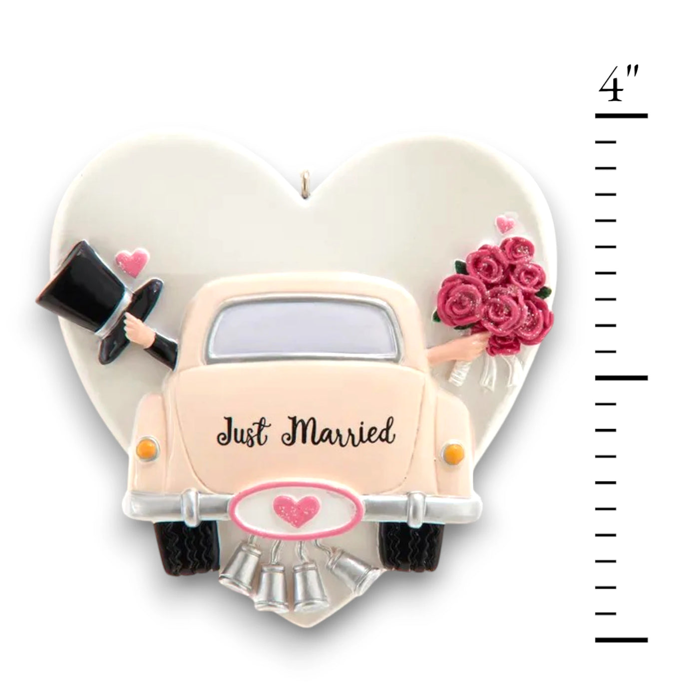 Personalized Just Married wedding car ornament with customizable names and year on a heart-shaped backdrop.