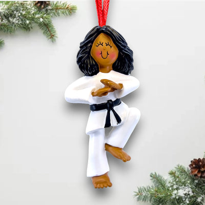 Personalized African American Female Karate Ornament in white gi and black belt, customizable with name and year.