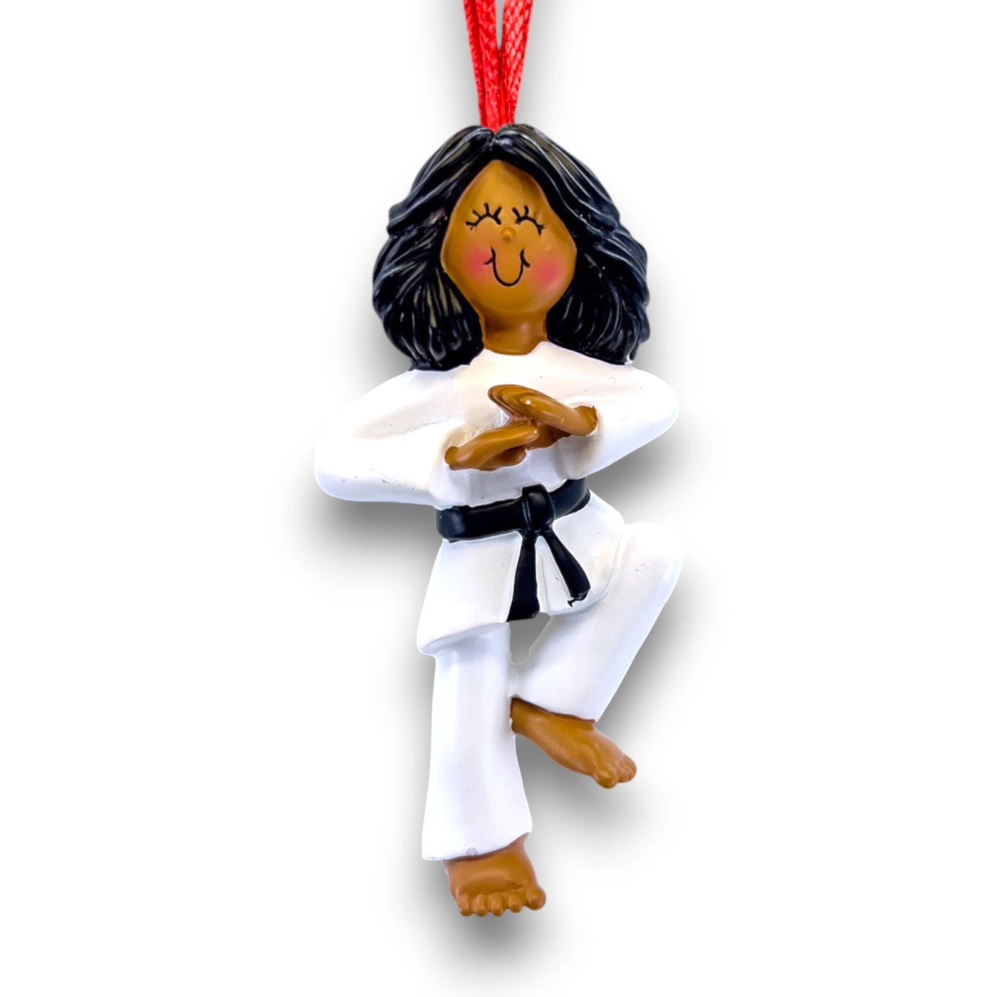 Personalized African American Female Karate Ornament in white gi and black belt, customizable with name and year.