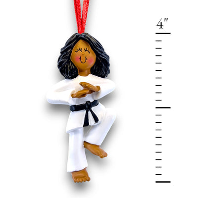 Personalized African American Female Karate Ornament in white gi and black belt, customizable with name and year.