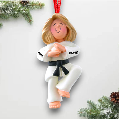 Personalized Karate Female Blonde Christmas Ornament with Name and Year – Black Belt, White Gi Polyresin Ornament.