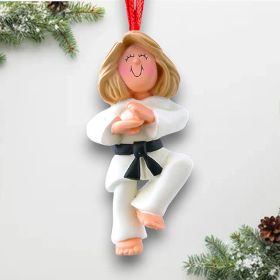 Personalized Karate Female Blonde Christmas Ornament with Name and Year – Black Belt, White Gi Polyresin Ornament.