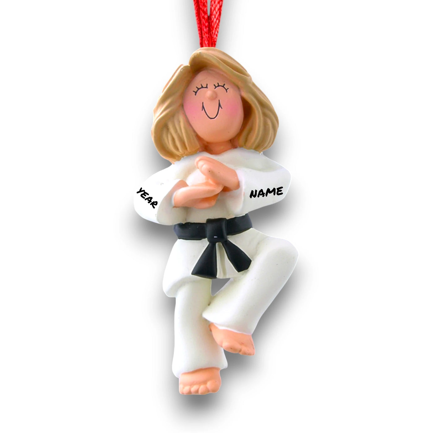 Personalized Karate Female Blonde Christmas Ornament with Name and Year – Black Belt, White Gi Polyresin Ornament.