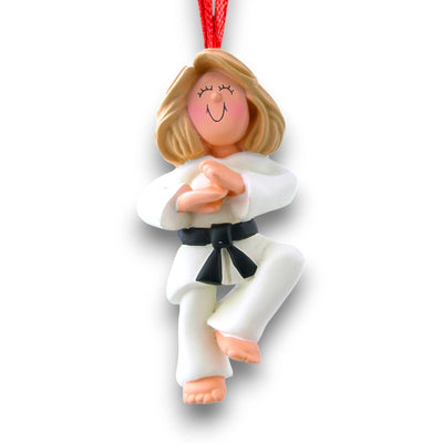 Personalized Karate Female Blonde Christmas Ornament with Name and Year – Black Belt, White Gi Polyresin Ornament.