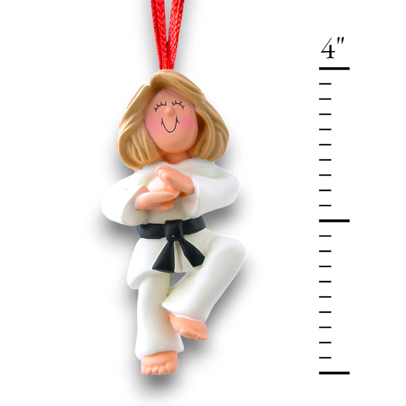 Personalized Karate Female Blonde Christmas Ornament with Name and Year – Black Belt, White Gi Polyresin Ornament.