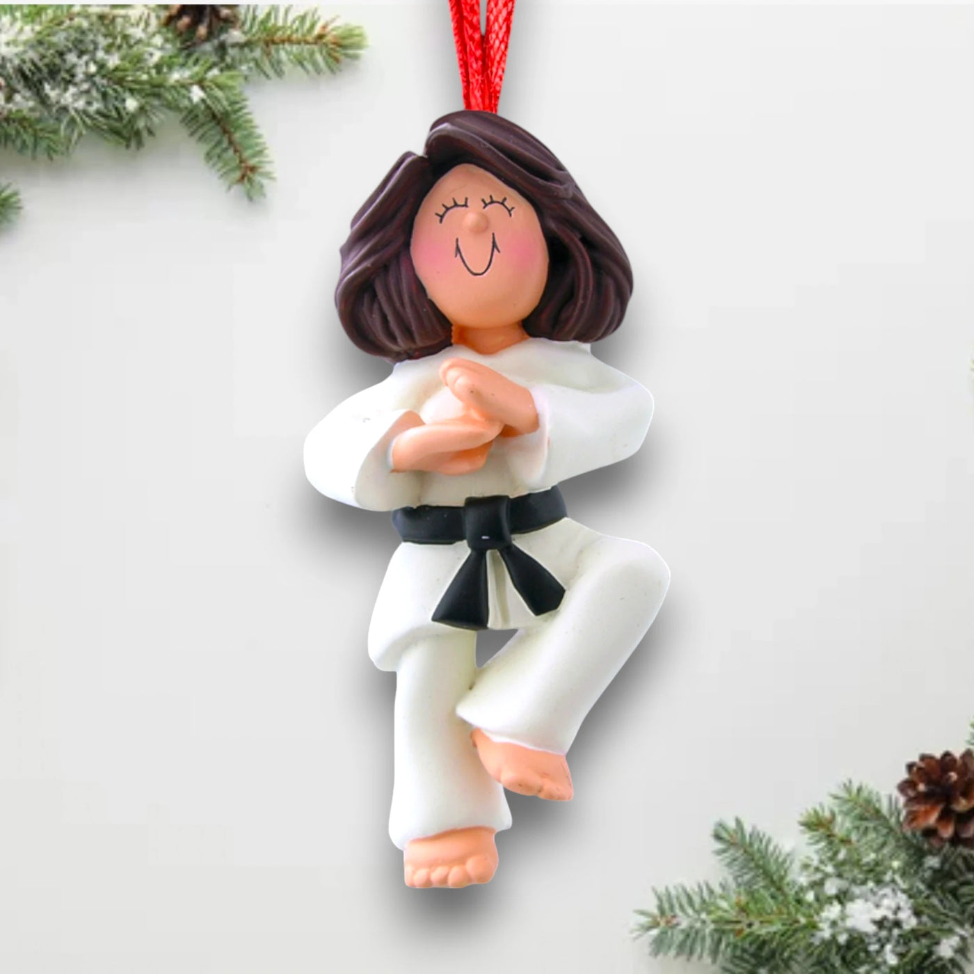 Personalized Female Karate Brunette Ornament with Name and Year – Christmas Ornament in White Gi with Black Belt.

