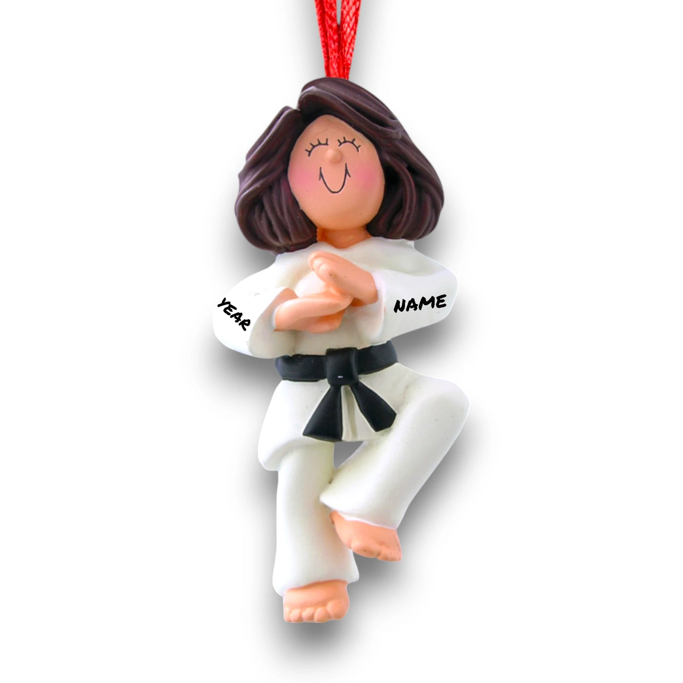 Personalized Female Karate Brunette Ornament with Name and Year – Christmas Ornament in White Gi with Black Belt.

