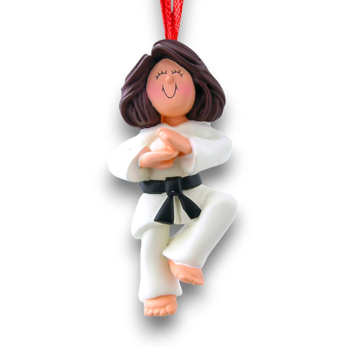 Personalized Female Karate Brunette Ornament with Name and Year – Christmas Ornament in White Gi with Black Belt.

