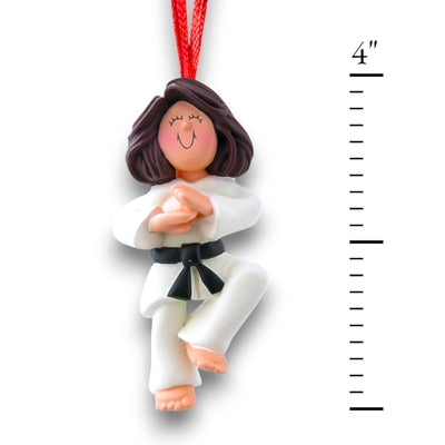 Personalized Female Karate Brunette Ornament with Name and Year – Christmas Ornament in White Gi with Black Belt.

