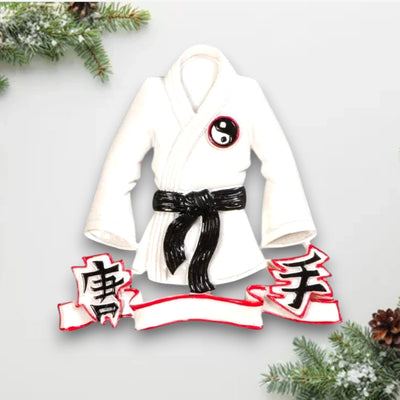 Personalized Karate Jacket Christmas Ornament with black belt and customizable name and year.