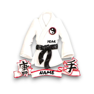 Personalized Karate Jacket Christmas Ornament with black belt and customizable name and year.