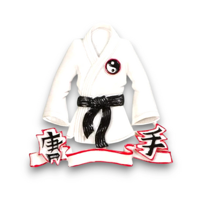 Personalized Karate Jacket Christmas Ornament with black belt and customizable name and year.