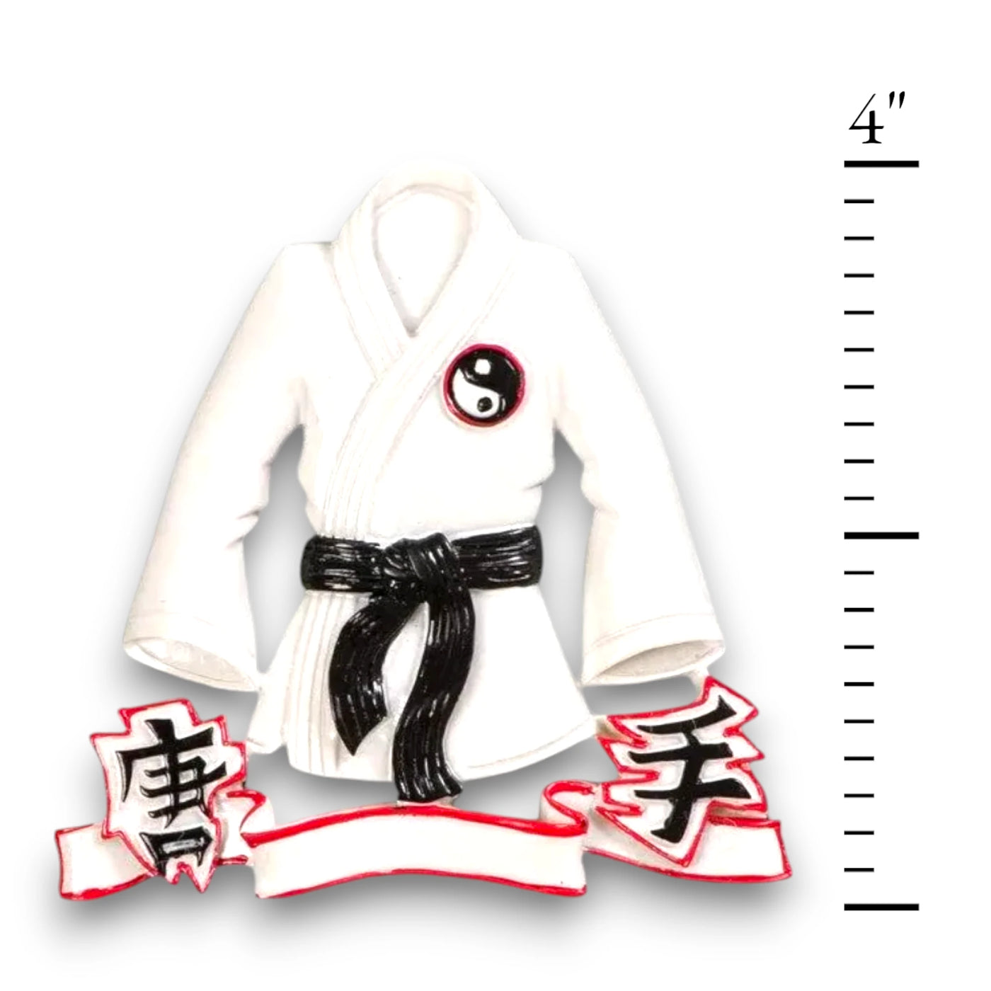 Personalized Karate Jacket Christmas Ornament with black belt and customizable name and year.