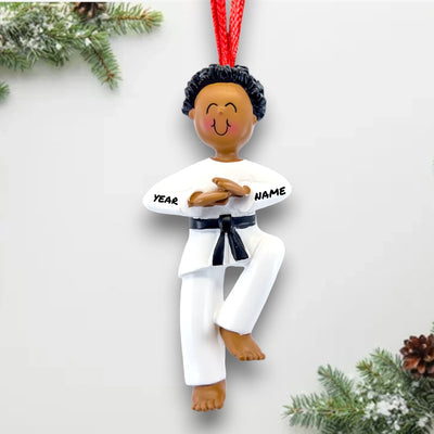 Personalized African American Male Karate Ornament with Name and Year – Black Belt Christmas Ornament.