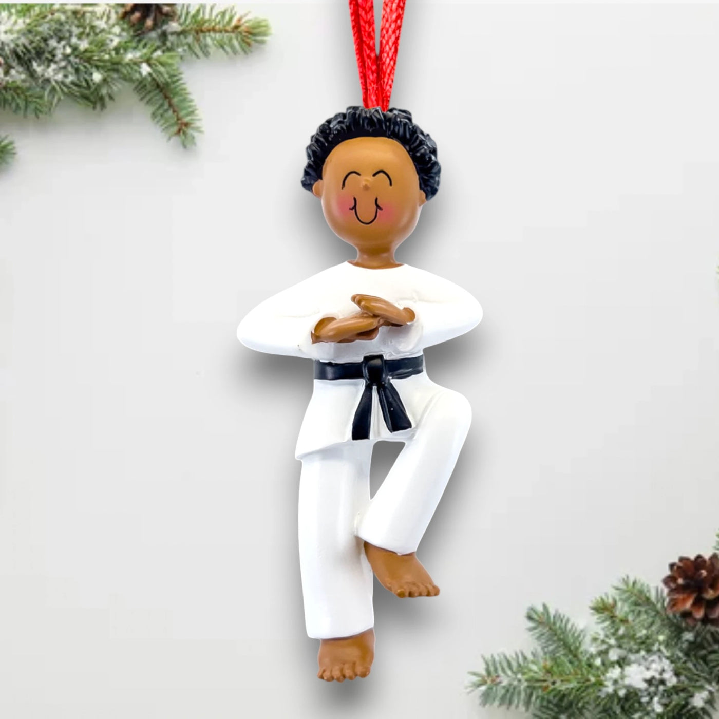 Personalized African American Male Karate Ornament with Name and Year – Black Belt Christmas Ornament.