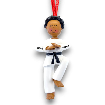 Personalized African American Male Karate Ornament with Name and Year – Black Belt Christmas Ornament.