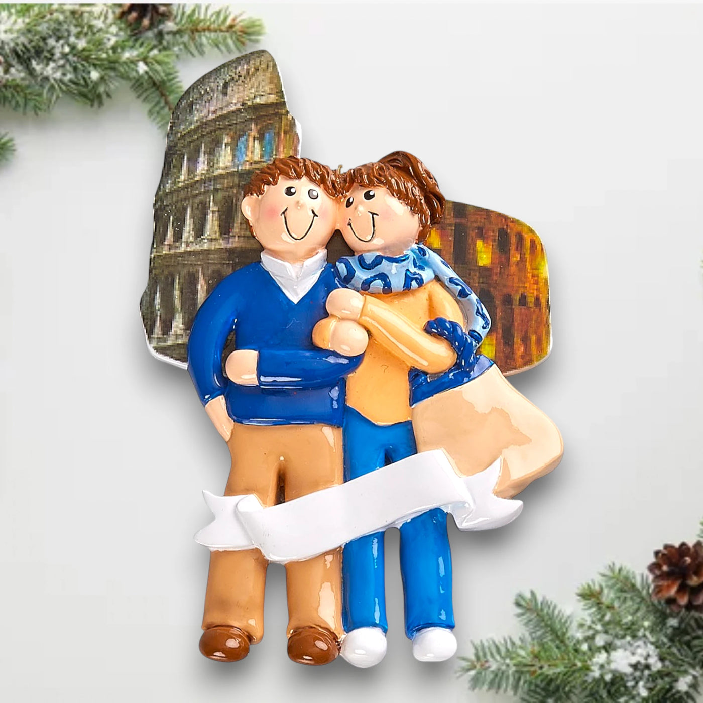 Personalized LOVE IN ITALY Christmas Ornament featuring a couple, a Colosseum backdrop, and customizable names and year.