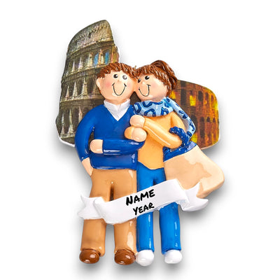 Personalized LOVE IN ITALY Christmas Ornament featuring a couple, a Colosseum backdrop, and customizable names and year.