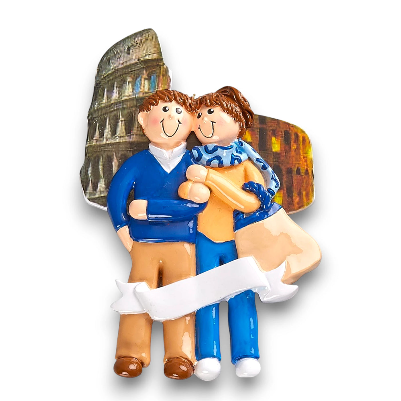 Personalized LOVE IN ITALY Christmas Ornament featuring a couple, a Colosseum backdrop, and customizable names and year.