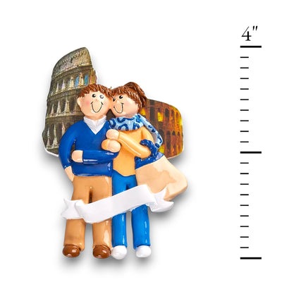 Personalized LOVE IN ITALY Christmas Ornament featuring a couple, a Colosseum backdrop, and customizable names and year.