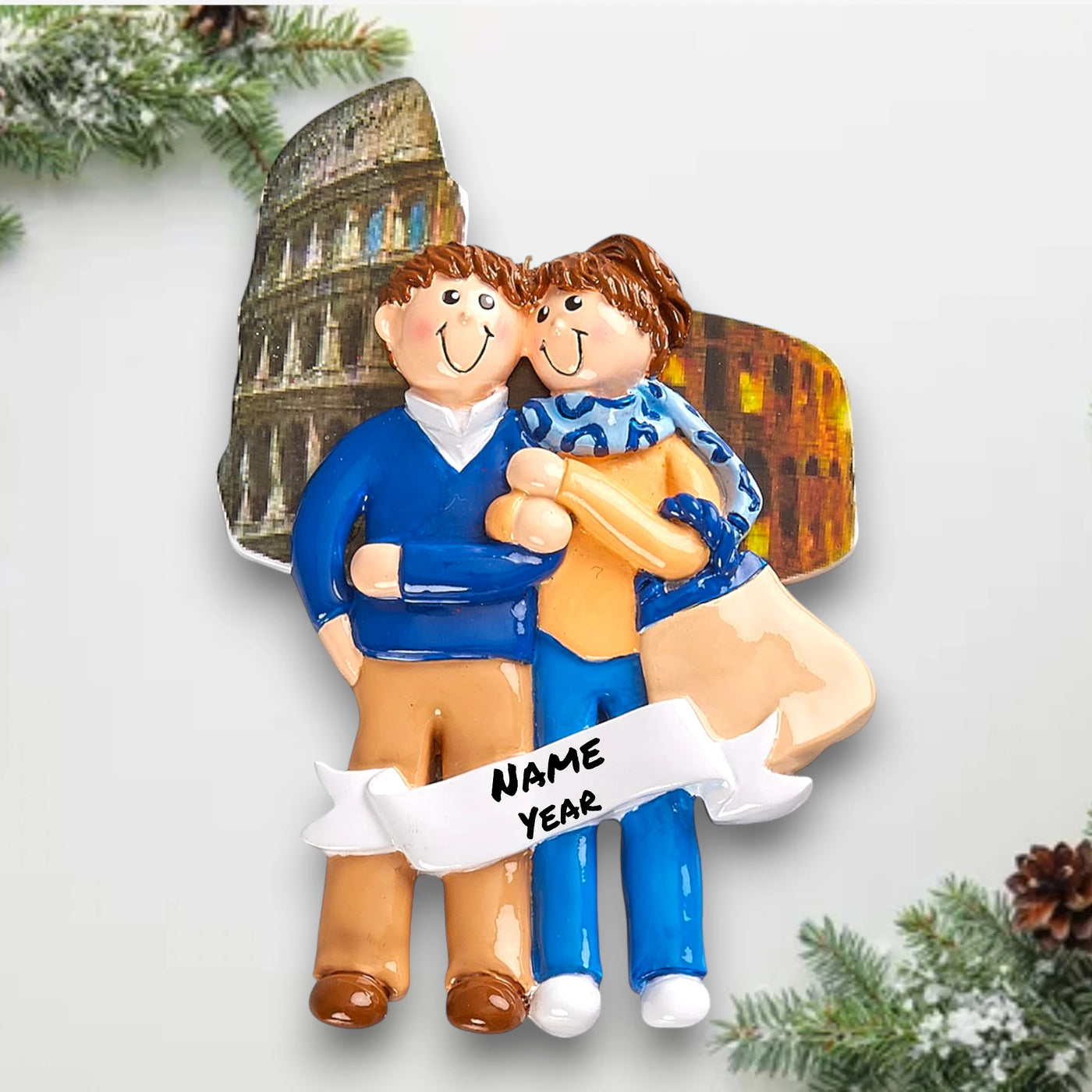 Personalized LOVE IN ITALY Christmas Ornament featuring a couple, a Colosseum backdrop, and customizable names and year.