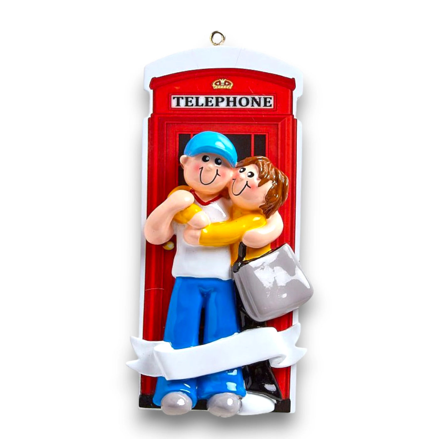 Personalized LOVE IN LONDON Christmas Ornament featuring a couple, a red telephone booth, and customizable names and year.