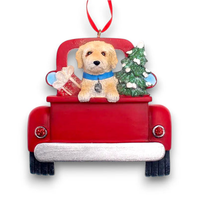 Personalized Labradoodle In Back Of Truck Christmas Ornament featuring a Labradoodle, a Christmas tree, and gifts in a red truck with customizable name and year.