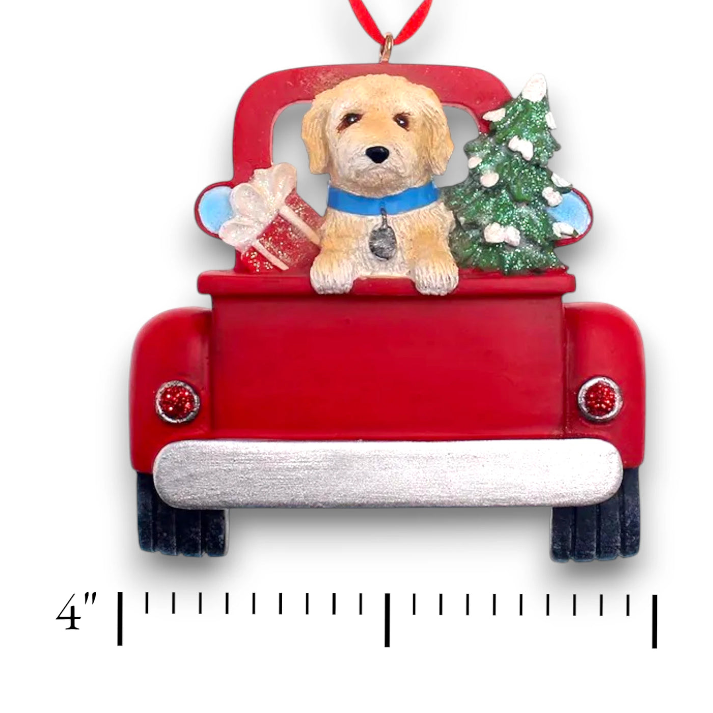 Personalized Labradoodle In Back Of Truck Christmas Ornament featuring a Labradoodle, a Christmas tree, and gifts in a red truck with customizable name and year.