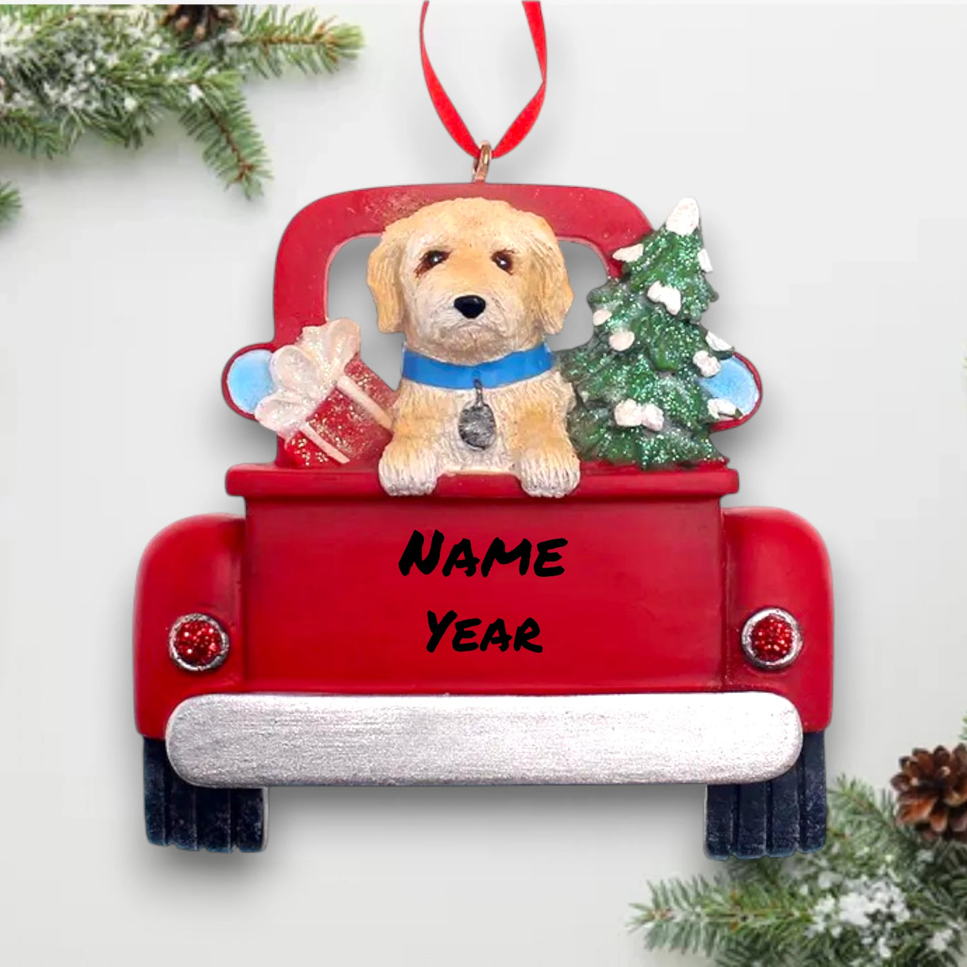 Personalized Labradoodle In Back Of Truck Christmas Ornament featuring a Labradoodle, a Christmas tree, and gifts in a red truck with customizable name and year.