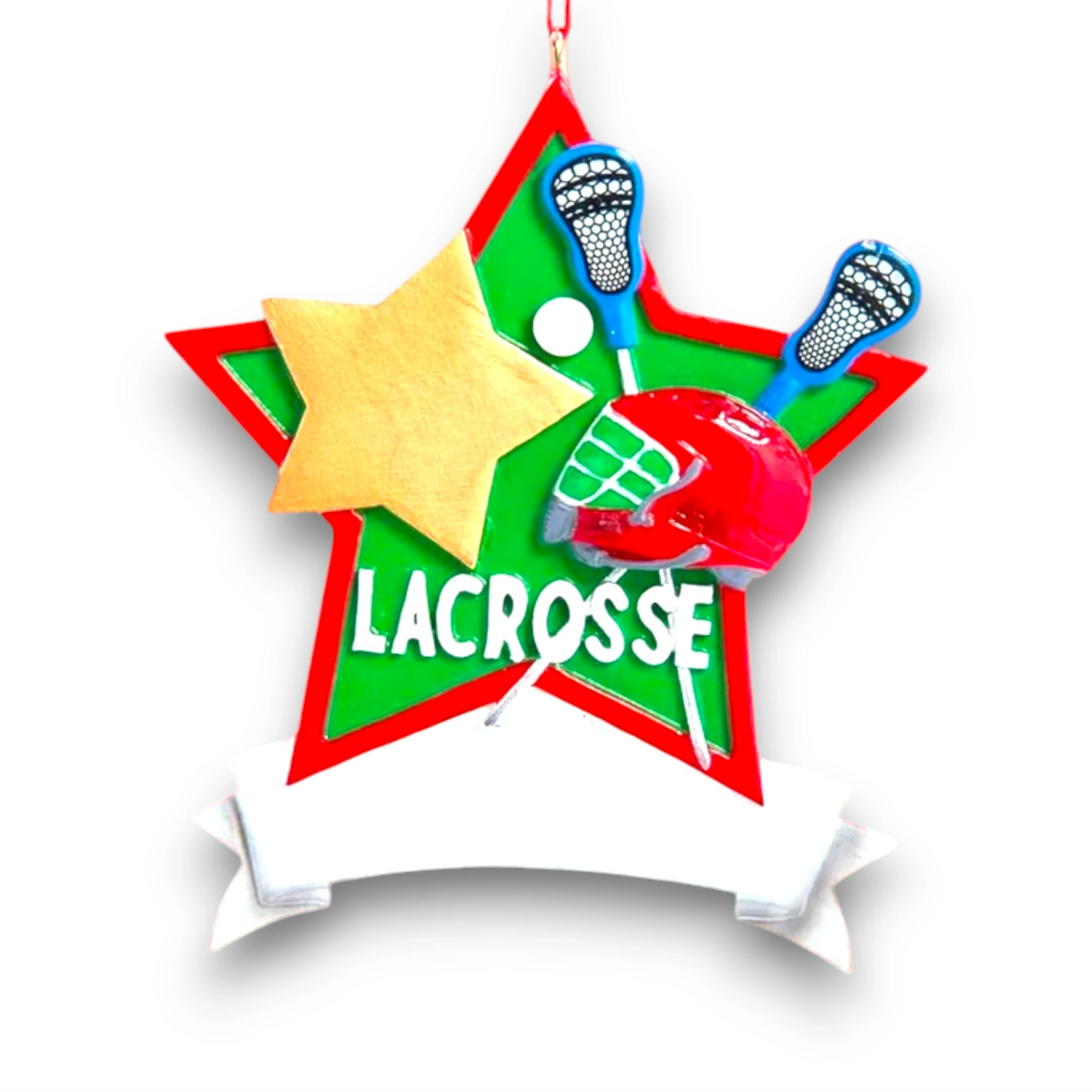 Star-shaped lacrosse Christmas ornament featuring crossed lacrosse sticks, festive colors, and a customizable banner.
