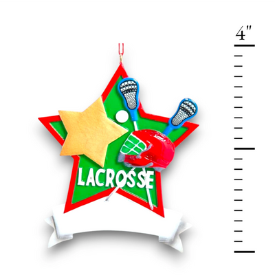 Star-shaped lacrosse Christmas ornament featuring crossed lacrosse sticks, festive colors, and a customizable banner.

