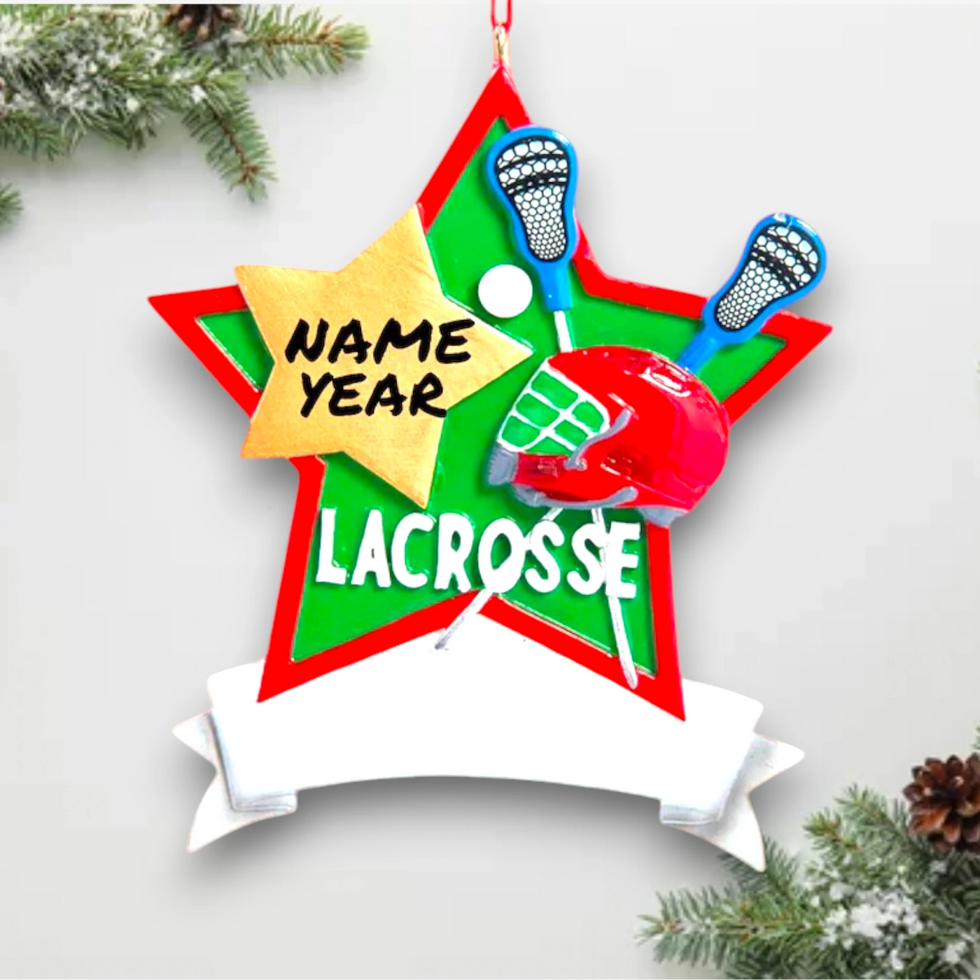 Star-shaped lacrosse Christmas ornament featuring crossed lacrosse sticks, festive colors, and a customizable banner.
