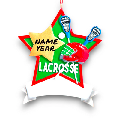 Star-shaped lacrosse Christmas ornament featuring crossed lacrosse sticks, festive colors, and a customizable banner.
