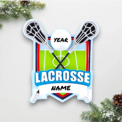 Personalized Lacrosse Shield Christmas Ornament featuring crossed lacrosse sticks, a ball, and a green field design, customizable with name and year.
