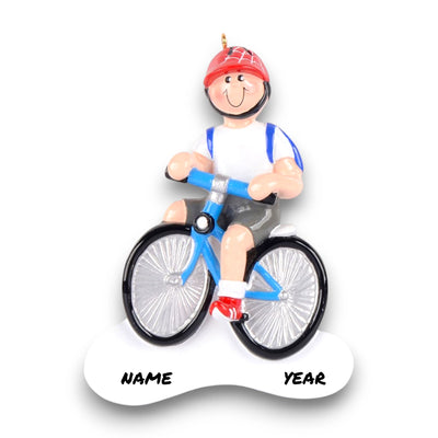 Personalized Little Boy Bike Christmas Ornament featuring a boy riding a blue bike with a red helmet and a backpack, customizable with name and year.

