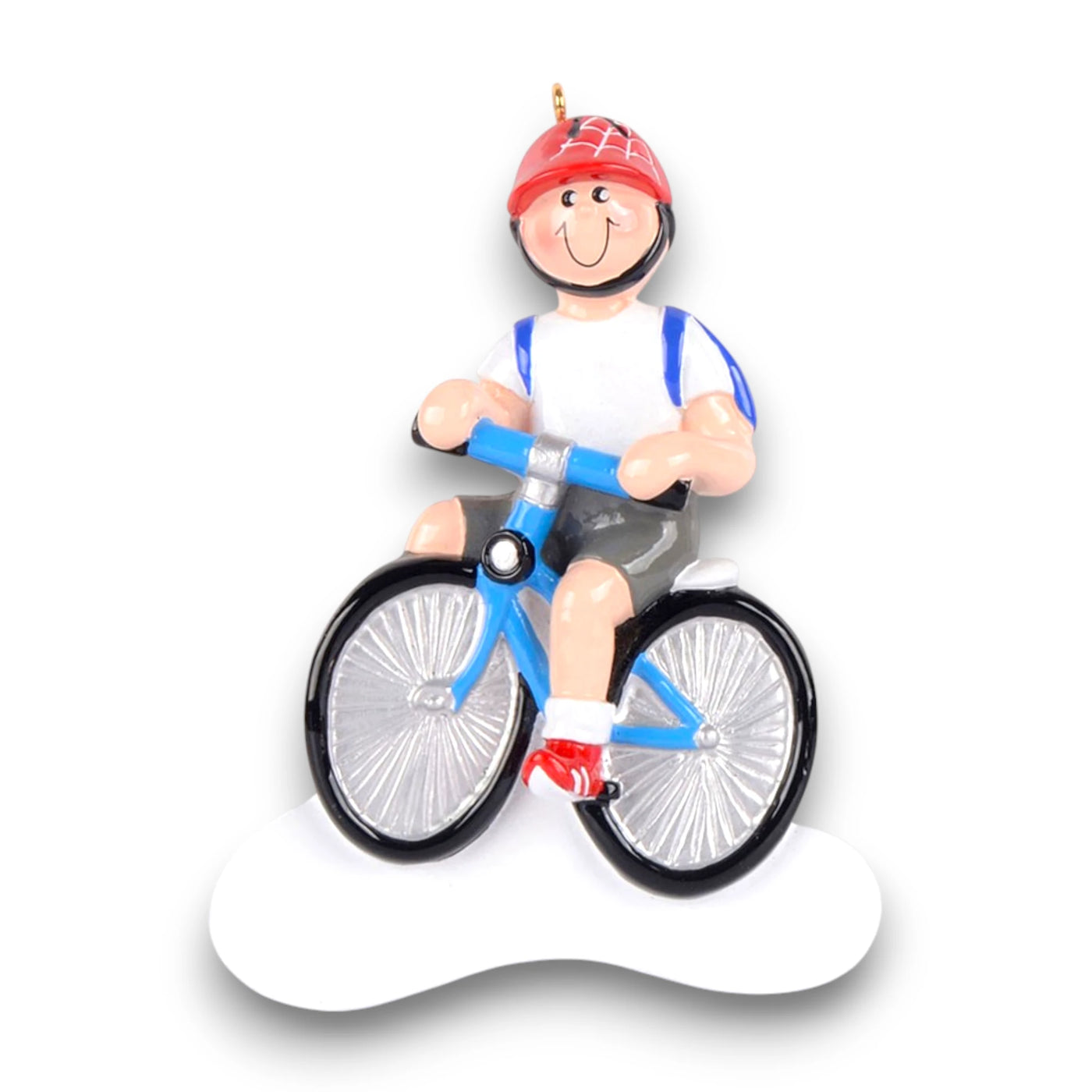 Personalized Little Boy Bike Christmas Ornament featuring a boy riding a blue bike with a red helmet and a backpack, customizable with name and year.