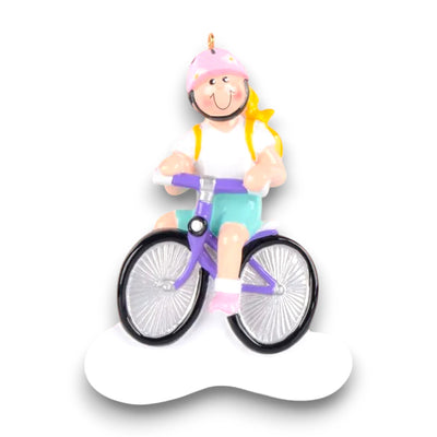 Personalized Little Girl Bike Blonde Christmas Ornament featuring a blonde girl riding a purple bike with a pink helmet and a yellow backpack, customizable with name and year.

