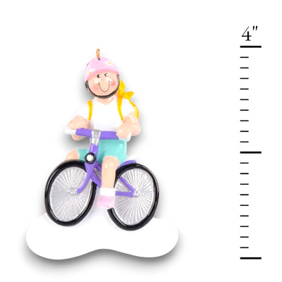 Personalized Little Girl Bike Blonde Christmas Ornament featuring a blonde girl riding a purple bike with a pink helmet and a yellow backpack, customizable with name and year.

