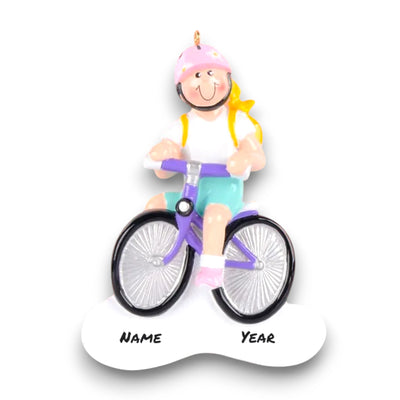 Personalized Little Girl Bike Blonde Christmas Ornament featuring a blonde girl riding a purple bike with a pink helmet and a yellow backpack, customizable with name and year.

