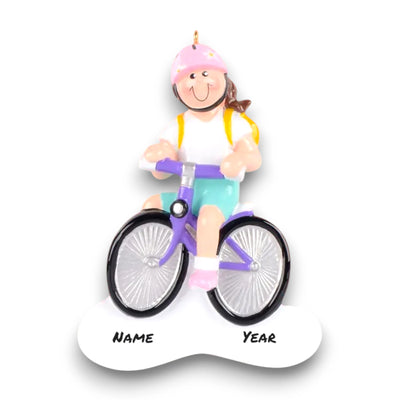 Personalized Little Girl Bike Brown Christmas Ornament featuring a smiling girl with a brown ponytail on a purple bike, customizable with a name and year.

