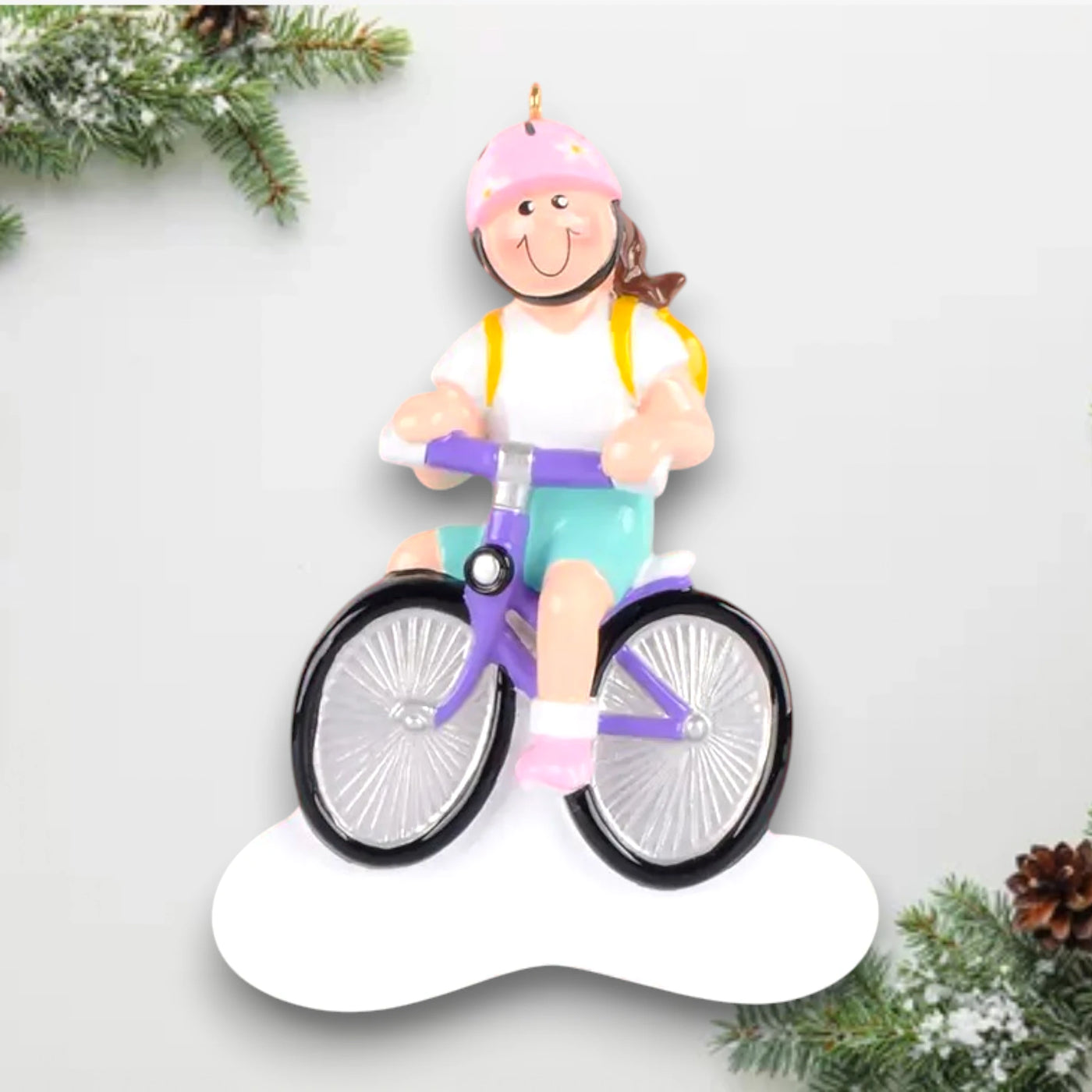 Personalized Little Girl Bike Brown Christmas Ornament featuring a smiling girl with a brown ponytail on a purple bike, customizable with a name and year.

