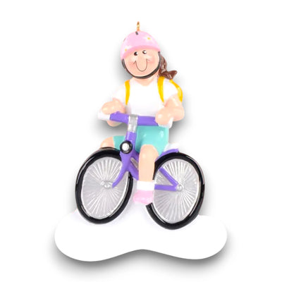 Personalized Little Girl Bike Brown Christmas Ornament featuring a smiling girl with a brown ponytail on a purple bike, customizable with a name and year.

