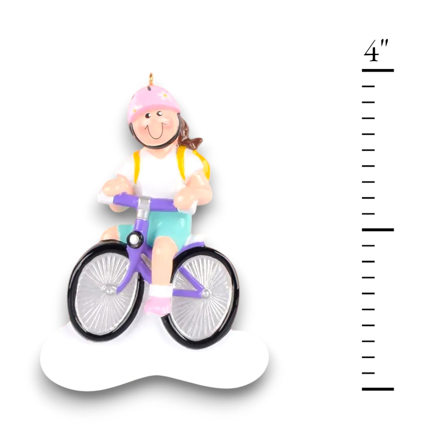 Personalized Little Girl Bike Brown Christmas Ornament featuring a smiling girl with a brown ponytail on a purple bike, customizable with a name and year.

