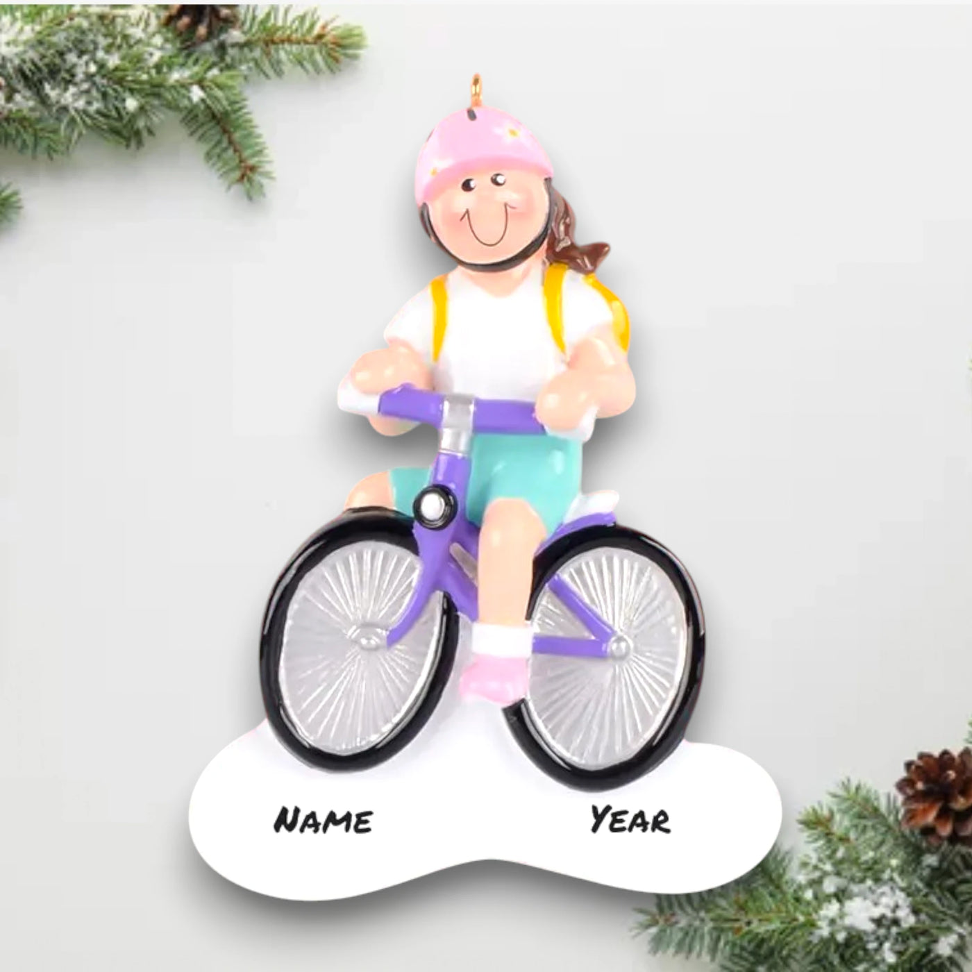 Personalized Little Girl Bike Brown Christmas Ornament featuring a smiling girl with a brown ponytail on a purple bike, customizable with a name and year.

