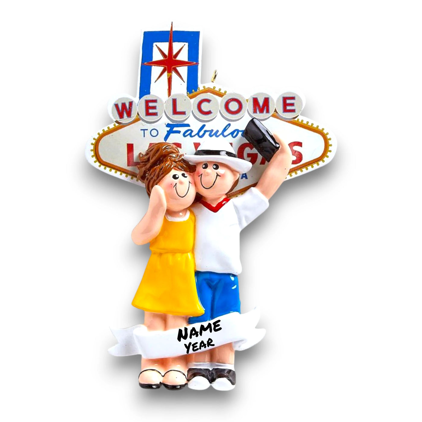 Personalized LOVE IN LAS VEGAS Christmas Ornament featuring a couple in front of the “Welcome to Fabulous Las Vegas” sign with customizable names and year.