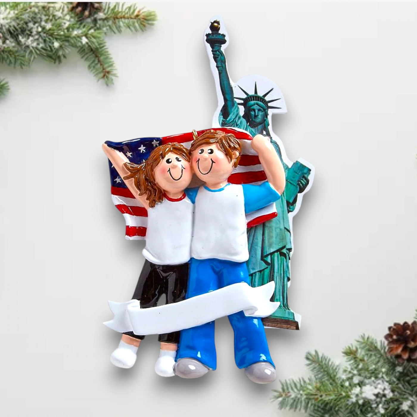 Personalized LOVE IN NEW YORK Christmas Ornament featuring a couple, the Statue of Liberty, and an American flag with customizable names and year.