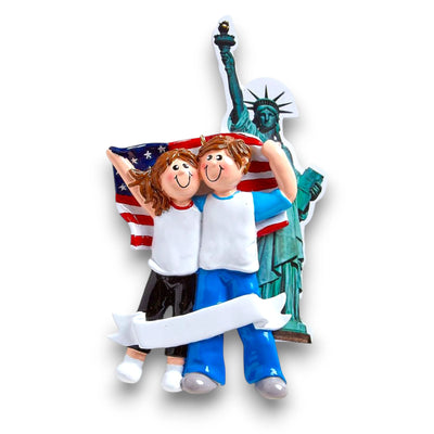 Personalized LOVE IN NEW YORK Christmas Ornament featuring a couple, the Statue of Liberty, and an American flag with customizable names and year.